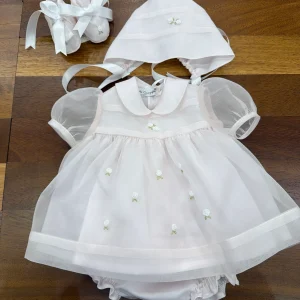 Abitino Piccola Giuggiola in organza in seta rosa con culotte con roselline ricamate