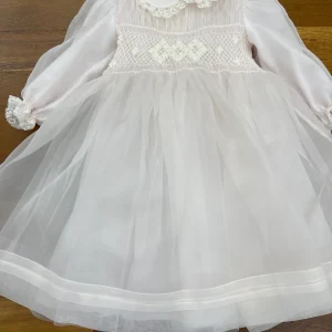 Abitino Piccola Giuggiola in organza rosa manica lunga gonna ampia collo tondo con valancienne corpetto lavorato da punto smock