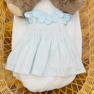 Abitino Fofettes in cotone con punto smock e rose rosa collo smerlato mezza manica a righe bianche e verde acqua