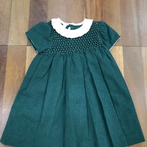 Abitino Les enfants de Gisele in caldo cotone verde mezza manica gonna ampia collo con rusche rosa corpetto con punto smock